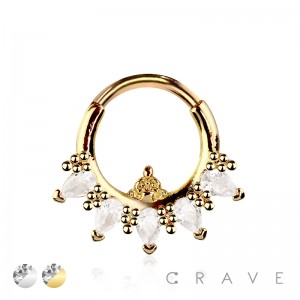 316L SURGICAL STEEL MULTI CZ LINE TEAR DROP CENTER CZ SEPTUM HINGED SEGMENT HOOP RING